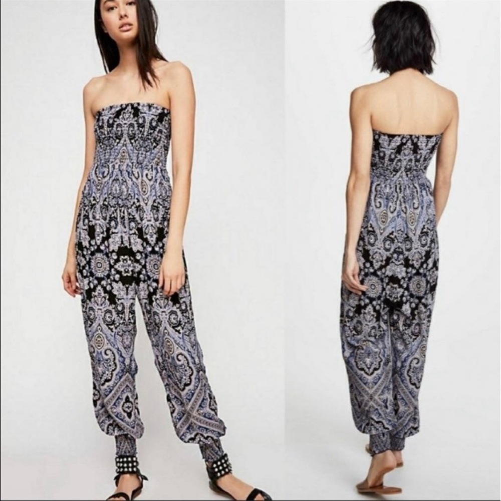 Free People Thinking Of You Printed Strapless Jumpsuit Boho Size X-small.